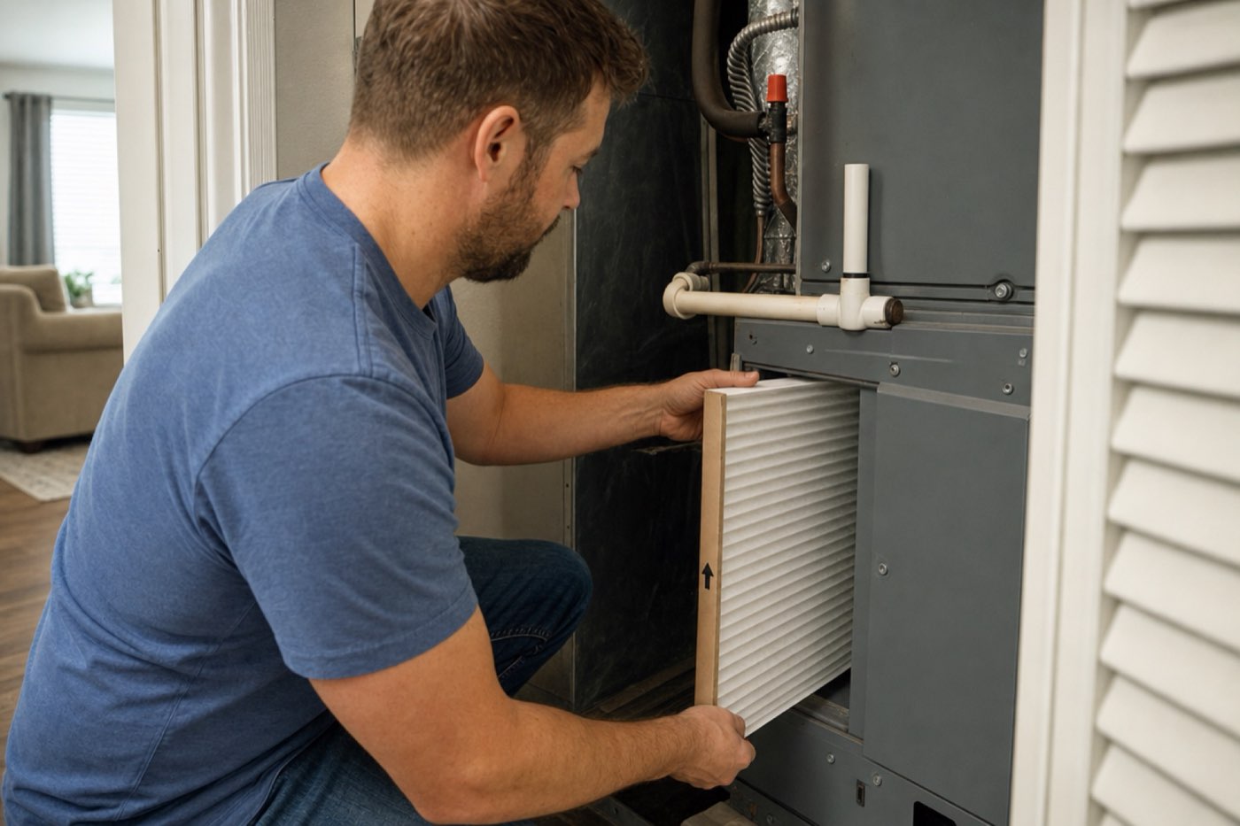 Homeowner installing a new furnace filter with the airflow arrow pointing toward the furnace blower