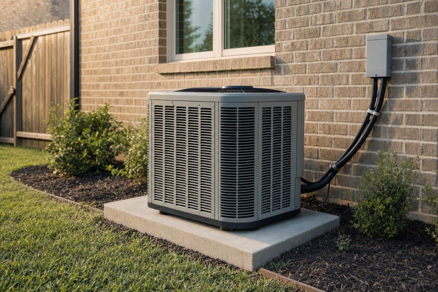 A new air conditioner condenser on a fresh concrete pad beside a Fort Worth home